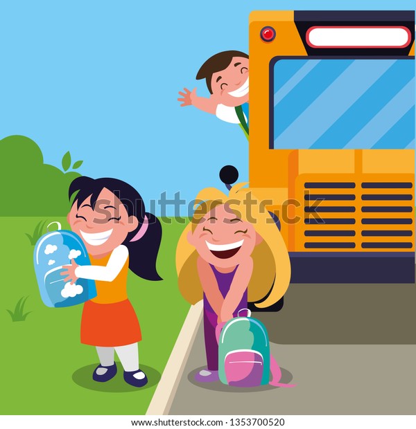 happy little school\
kids in the bus stop