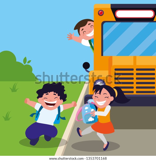 happy little school
kids in the bus stop