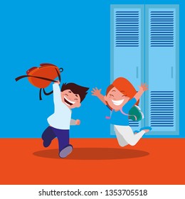 happy little school kids in the school corridor
