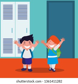 happy little school kids in the school corridor