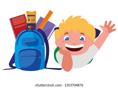 happy little schoolboy with schoolbag and supplies