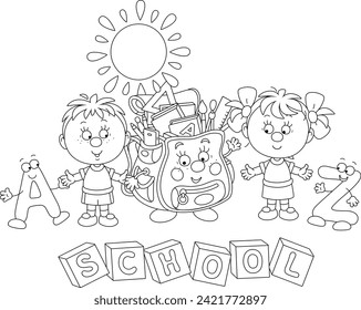 Happy little schoolboy and schoolgirl after nursery school with a funny cartoony schoolbag waving in greeting before start of classes on a sunny day, black and white vector cartoon illustration