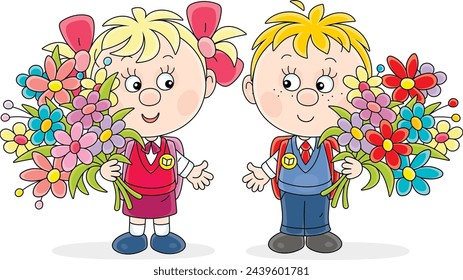 Happy little schoolboy and schoolgirl first graders with schoolbags and beautiful bouquets of colorful flowers at a holiday of school bell before start of classes in primary school, vector cartoon