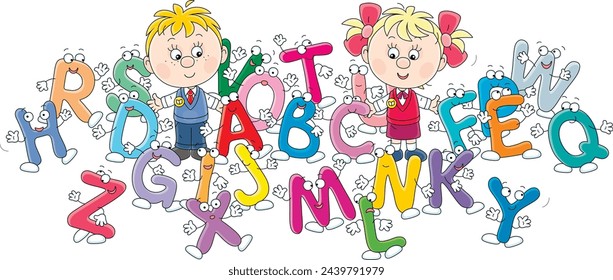 Happy little schoolboy and schoolgirl first graders among funny cartoony letters from ABC book with alphabet for elementary school, vector illustration on a white background