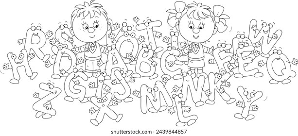 Happy little schoolboy and schoolgirl first graders among funny cartoony letters from ABC book with alphabet for elementary school, black and white vector illustration for a coloring book