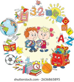 Happy little schoolboy and schoolgirl first graders surrounded by school supplies and funny characters, vector illustration on a white background
