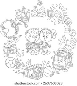 Happy little schoolboy and schoolgirl first graders surrounded by school supplies and funny characters, black and white vector cartoon illustration for a coloring book
