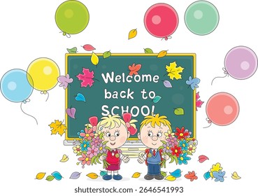 Feliz colegial e primeira série da escola com bolsas de estudo e belos buquês de flores coloridas em um feriado do sino da escola antes do início das aulas na escola primária, desenho animado de vetor