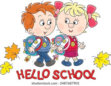 Happy little schoolboy and schoolgirl with their schoolbags friendly talking and going to school to the start of classes, vector cartoon illustration on a white background