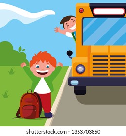 happy little schoolboys in the bus stop