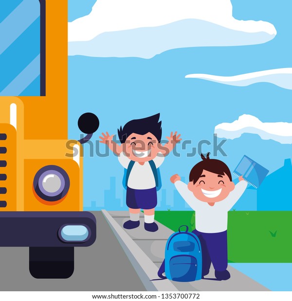 happy little schoolboys\
in the bus stop