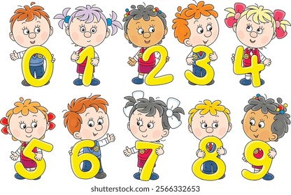 Happy little schoolboys and schoolgirls friendly smiling and holding big yellow numbers, vector cartoon illustration