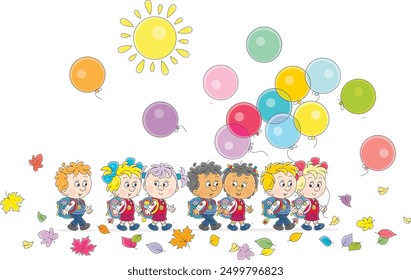 Colegialas y colegialas felices con mochilas y globos de vacaciones yendo entre hojas coloridas a su escuela para el inicio de clases en una mañana de otoño soleada, ilustración de dibujos animados de Vector