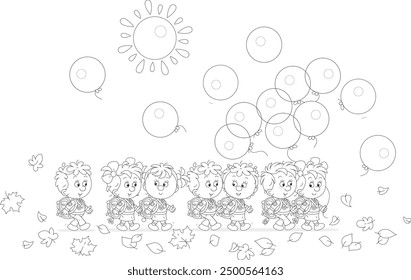 Happy little schoolboys and schoolgirls with schoolbags and holiday balloons going among fallen leaves to their school for start of classes on a sunny autumn morning, vector cartoon illustration