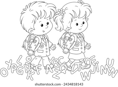 Happy little schoolchildren and funny letters going to school for start of classes, black and white outline vector illustration for a coloring book