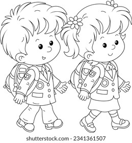 Happy little schoolchildren with schoolbags going to school, black and white vector cartoon for a coloring book page