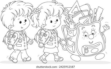 Happy little schoolchildren and their funny friend cartoony schoolbag happily going to school for start of classes, black and white outline vector illustration for a coloring book