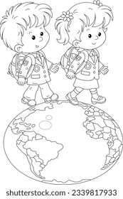 Happy little schoolchildren walking around a geographic globe of the Earth, black and white vector cartoon for a coloring book page