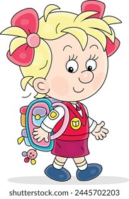 Happy little schoolgirl with her schoolbag happily going to school for start of classes, vector illustration on a white background