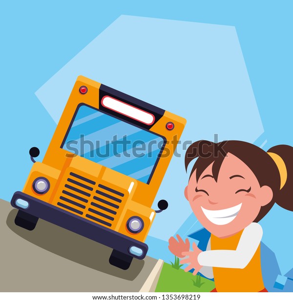 happy\
little schoolgirl with schoolbag in the bus\
stop