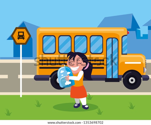 happy\
little schoolgirl with schoolbag in the bus\
stop