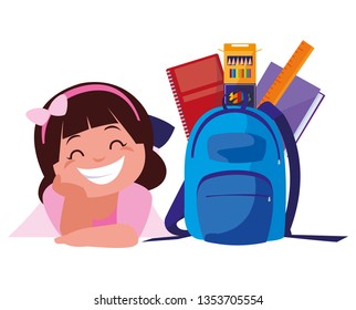 happy little schoolgirl with schoolbag and supplies