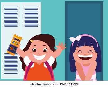 happy little schoolgirls in the school corridor