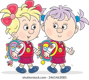 Happy little schoolgirls with schoolbags friendly talking and going home after school lessons, vector cartoon illustration on a white background