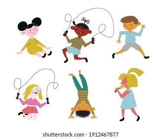 happy little six kids practicing activities characters vector illustration design