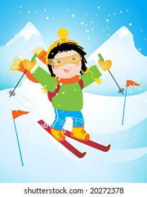 happy little skier, cartoon vector illustration