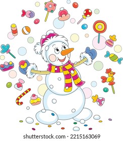 Happy little snowman conjuring funny tricks and juggling with colorful sweets, vector cartoon illustration isolated on a white background