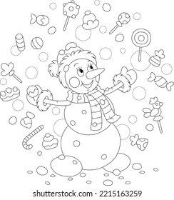 Happy little snowman conjuring funny tricks and juggling with tasty sweets, vector cartoon illustration isolated on a white background