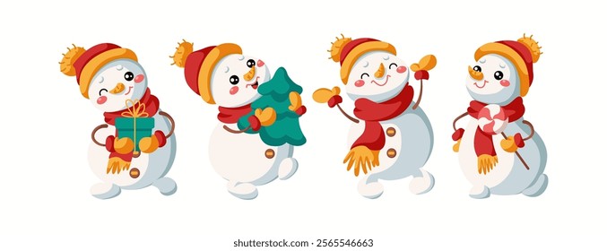 Happy little snowmen celebrating Christmas flat color vector icon set. Joyfulness of winter season characters pack on white background