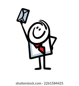 Happy little stick figure man in office suit gives mail envelope with important letter. Vector illustration of boy and email.