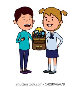 happy little students couple with schoolbag