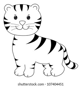 Happy Little Tiger Cartoon, Line Art, Coloring