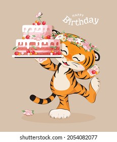Happy little tiger cub dancing with sweet birthday cake decorated with cherries, cream. Tiger - 2022 chinese new year mascot zodiac symbol. Vector illustration for birthday card, invitation, bakery ad