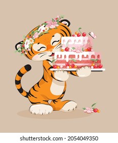 Happy little tiger cub holding big sweet birthday cake decorated with cherries, cream. Tiger - 2022 chinese new year mascot, zodiac symbol. Vector illustration for birthday card, invitation, bakery ad