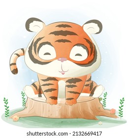 happy Little tiger sitting on tree stump cartoon illustration