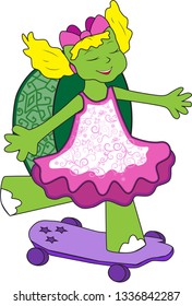 happy and little turtle in a cute dress skating