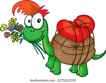 Happy little turtle in love isolated on white