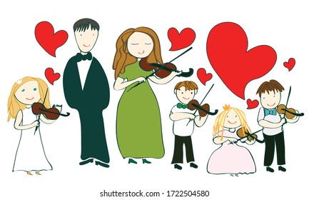 happy little violinists play the violin with a big heart, vector illustration isolate, online concert