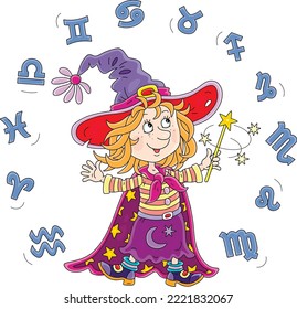 Happy little witch astrologer and fortune-teller waving her magic wand and reciting magic spells, Zodiac signs of constellations flying around, vector cartoon illustration isolated on white