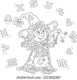 Happy little witch astrologer and fortune-teller waving her magic wand and reciting magic spells, Zodiac signs of constellations flying around, black and white vector cartoon illustration