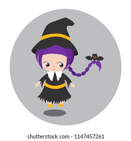 Happy little witch and bat cartoon. Cute character design. Kid in halloween costume concept. Vector illustration.