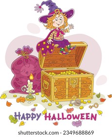 Happy little witch with a burning candle checking a safety of her priceless treasures and gold coins in an old wooden chest in her dusty storeroom, vector cartoon illustration