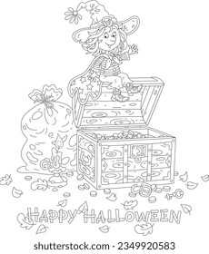 Happy little witch with a burning candle checking a safety of her priceless treasures and gold coins in an old wooden chest in her dusty storeroom, black and white vector cartoon