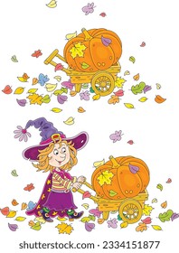 Happy kleine Hexe mit einem großen orangefarbenen Kürbis in ihrem Garten hölzerner Kürbis durch bunte Herbstblätter, eine Reihe von Vektorgrafiken Illustrationen einzeln auf Weiß