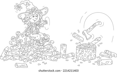 Happy little witch chopping firewood with an enchanted flying ax, black and white outline vector cartoon illustration