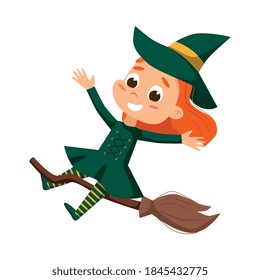 Happy Little Witch Flying on Broom, Cute Girl Wearing Green Dress and Hat Practicing Witchcraft Cartoon Style Vector Illustration